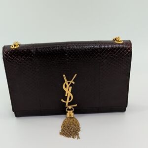Saint Laurent Dark Brown Textured Tassel Chain Shoulder Bag